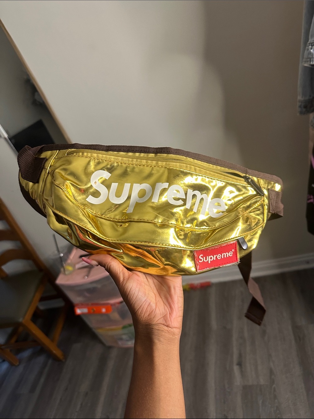 Supreme Metallic Gold Waist Bag with Brown Strap
